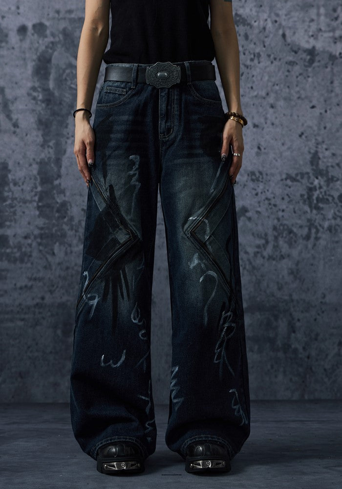 【NOMANIAI 】Blood Darkness Design Color Flame Wide Denim Pants  NA0004