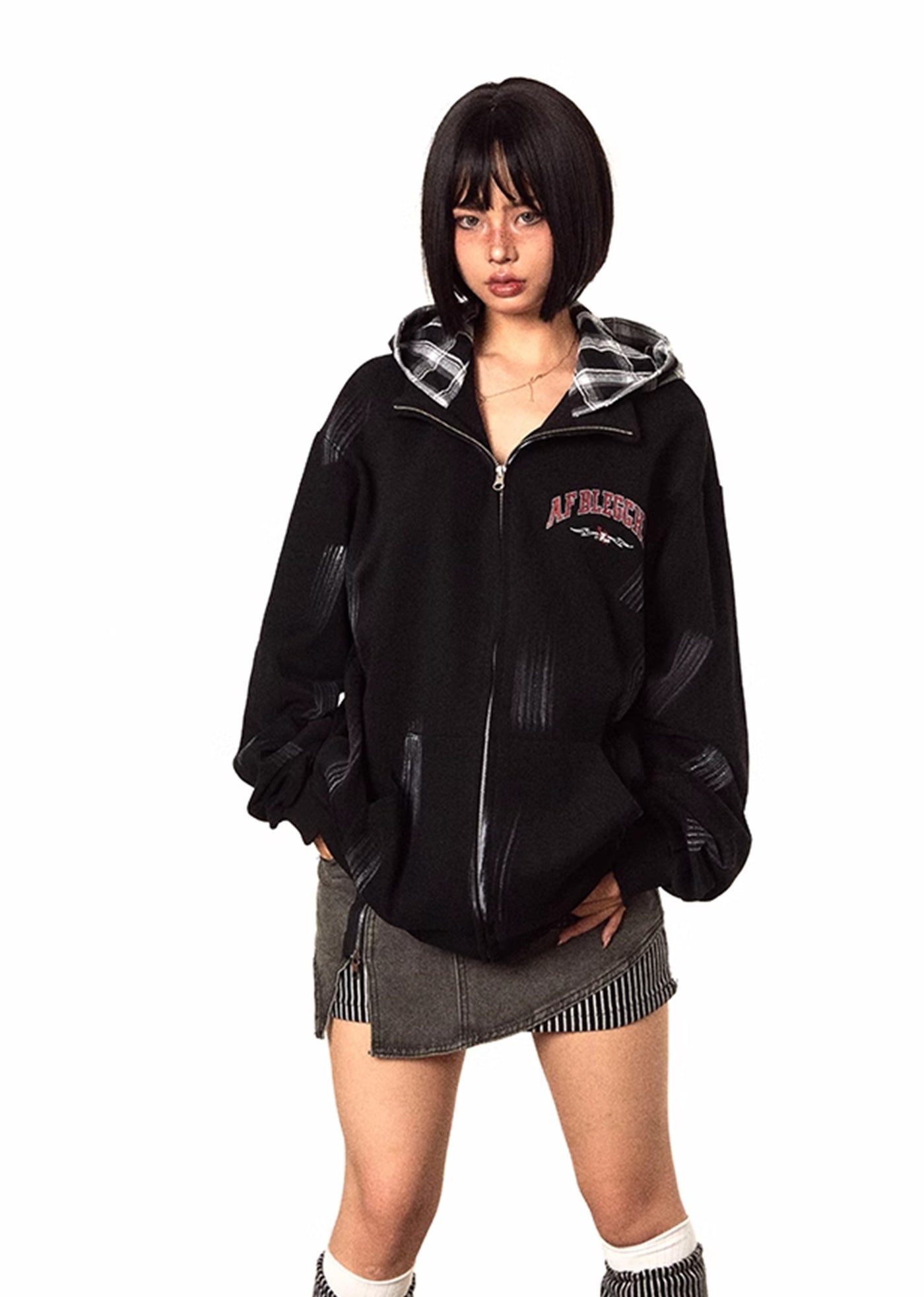 【BLACK BB】Random wash check hoodie design light outerwear  BK0029