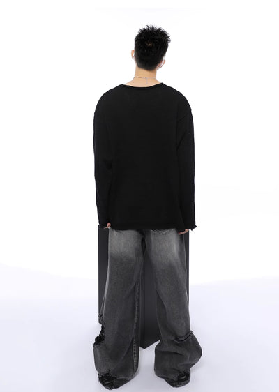 【Future Boy】Point mid-length frayed distressed loose style knit sweater  FB0004