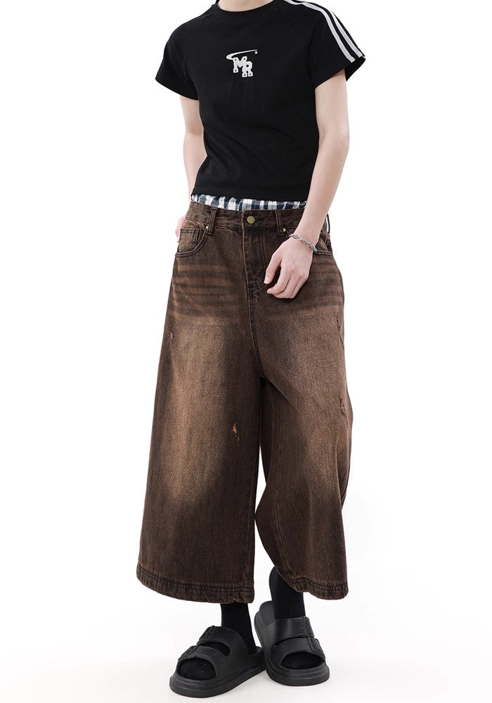 【MR nearly】Dirt washed brown color half silhouette denim pants  MR0123