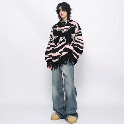 【Mz】Front fringe butterfly design mid-length distressed knit sweater  MZ0046