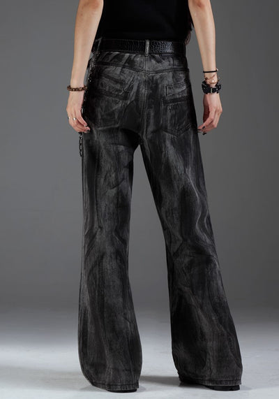 【NOMANIAI 】Dull black color wide flare silhouette design denim pants  NA0006