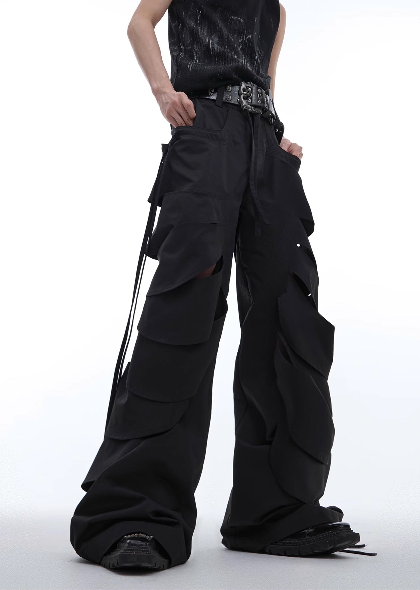 【Culture E】Countless Cut Wide silhouette multi-varied design slacks leather pants  CE0145