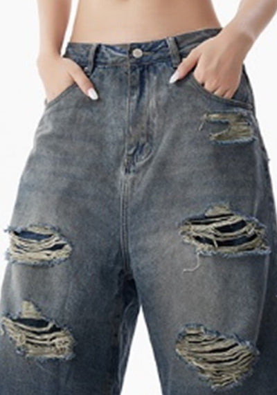 【H GANG X】Mid-length distressed half-docking layered style denim pants  HX0102