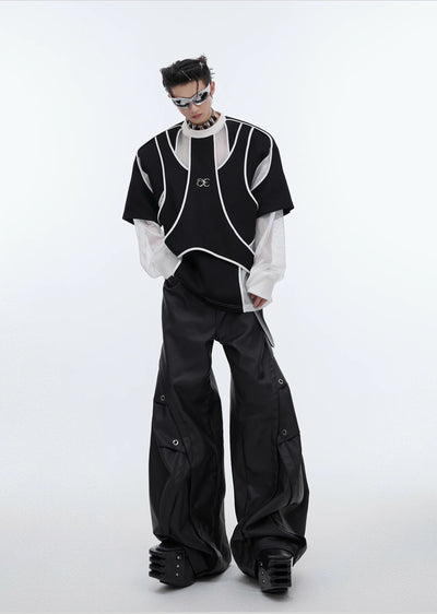 【Culture E】Gimmick countless line design monotone color layered long sleeve T-shirt  CE0150