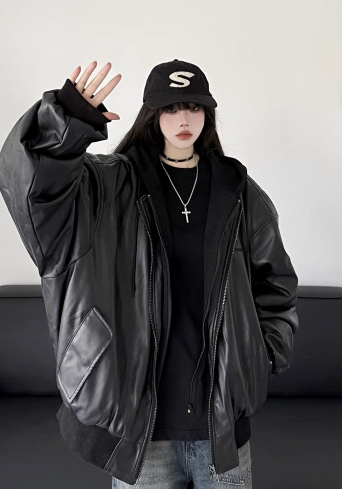 【W3】Hoodie plus faux leather style black jacket  WO0080