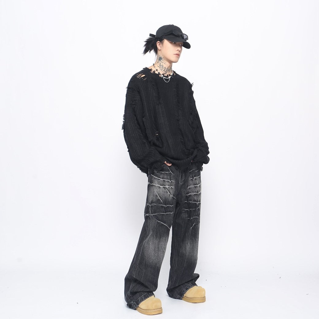 【Mz】Middle Random Distressed Simple Color Knit Sweater  MZ0051