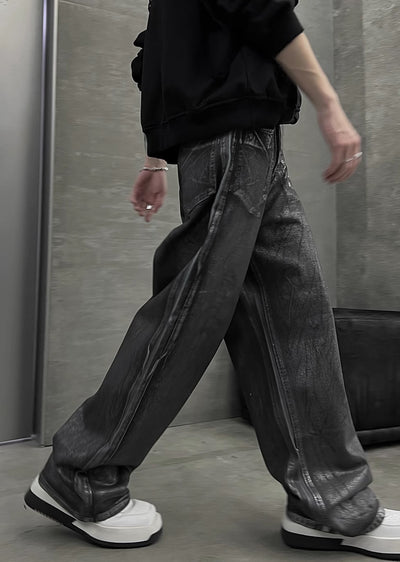 【SOULWORKER】Dark grey glossy design wide flare style denim pants  SW0030