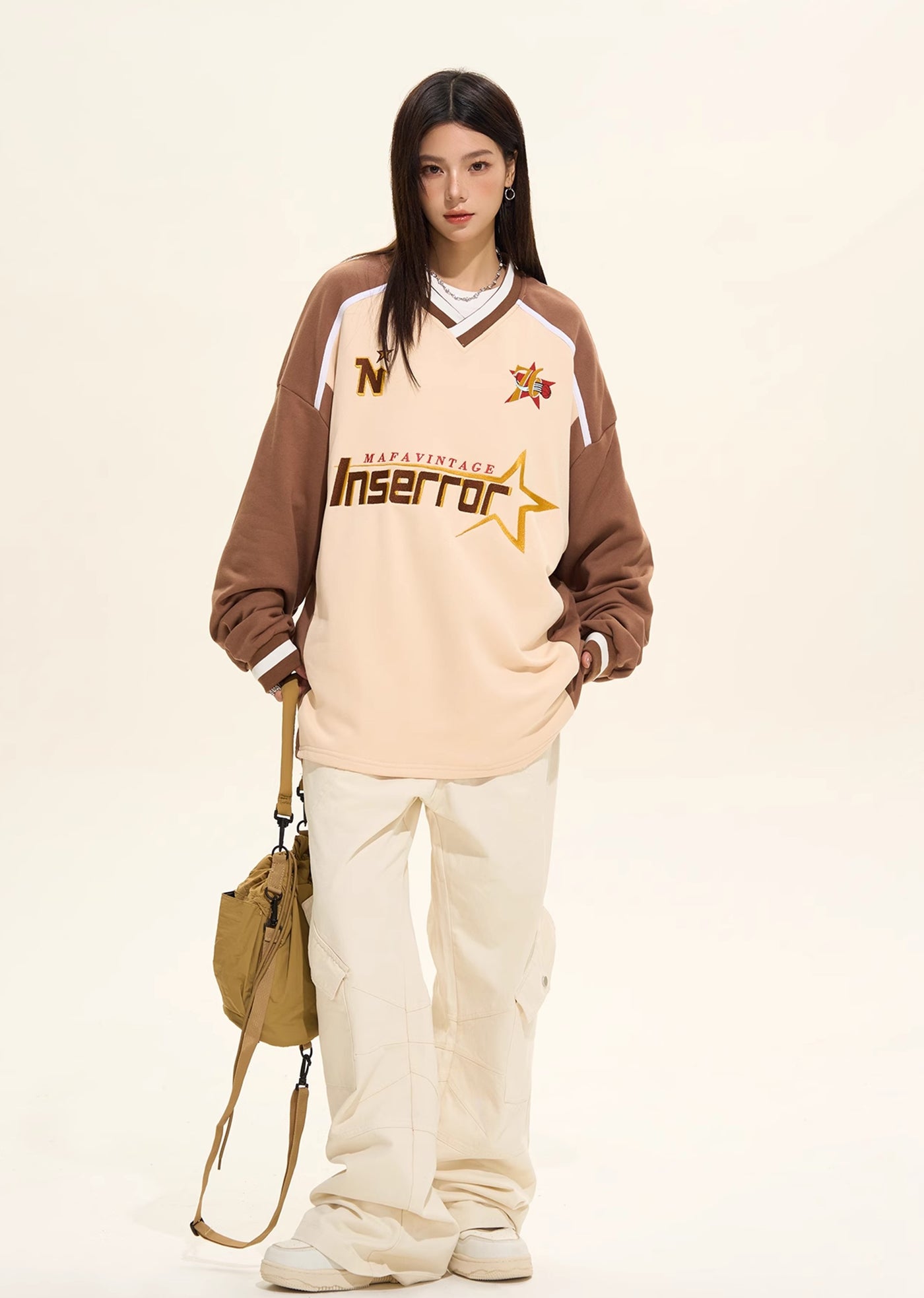 【H GANG X】Warm brown color gaming initial over long sleeve V-neck T-shirt  HX0075