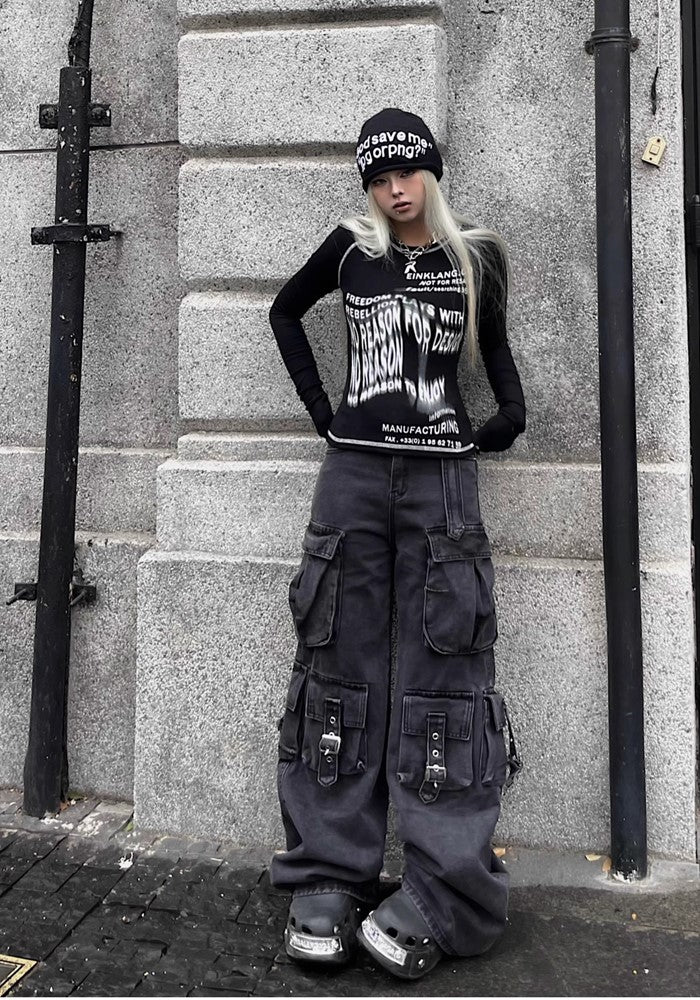 TR BRUSHSHIFT】Thick fabric wide silhouette multi cargo denim 