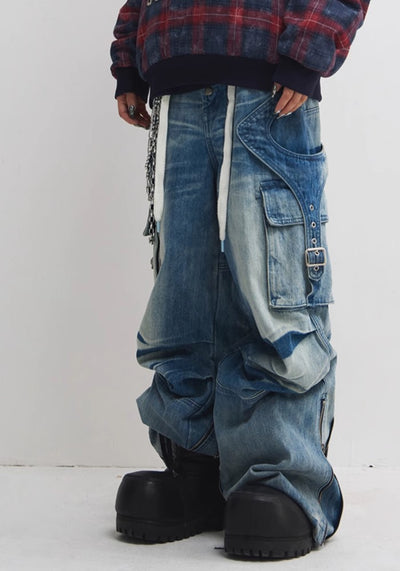 【People Style】Wide base gimmick cargo point mid-wash denim pants  PS0043