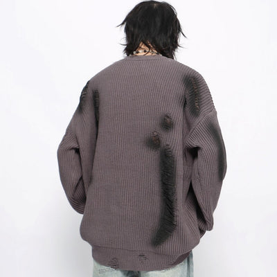 【Mz】Dark dull purple point wash line damage knit sweater  MZ0040