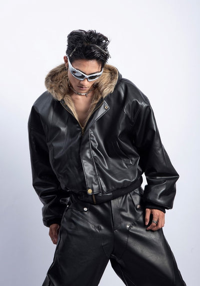 【PLAN1ONE】Multi-faux fur design full zip leather over jacket  PL0037