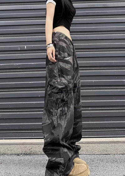 【W3】Dark camouflage design wide straight silhouette pants  WO0076