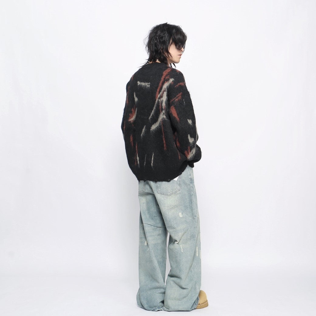 【Mz】Dark multi-color design mohair silhouette knit sweater  MZ0039