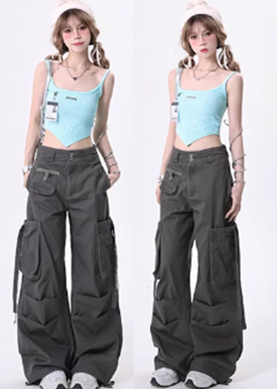 【Rayohopp】Suspender design loose silhouette double cargo collar pants  RH0121