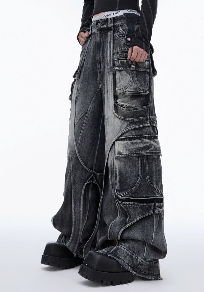 【Culture E】Wide gimmick silhouette mid-wash chain denim cargo pants  CE0155