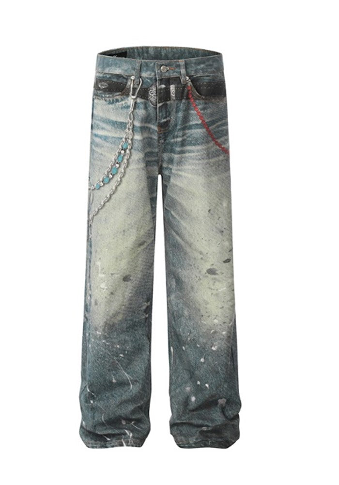 【H GANG X】Illustrated suspender design wide silhouette dull wash denim pants  HX0104