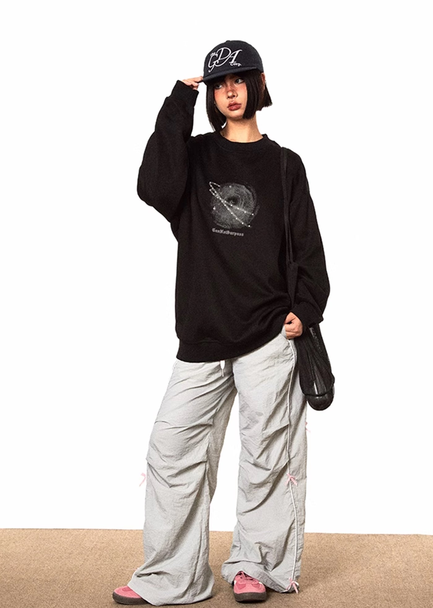 【BLACK BB】Simple moon initial design front over long sleeve T-shirt  BK0035