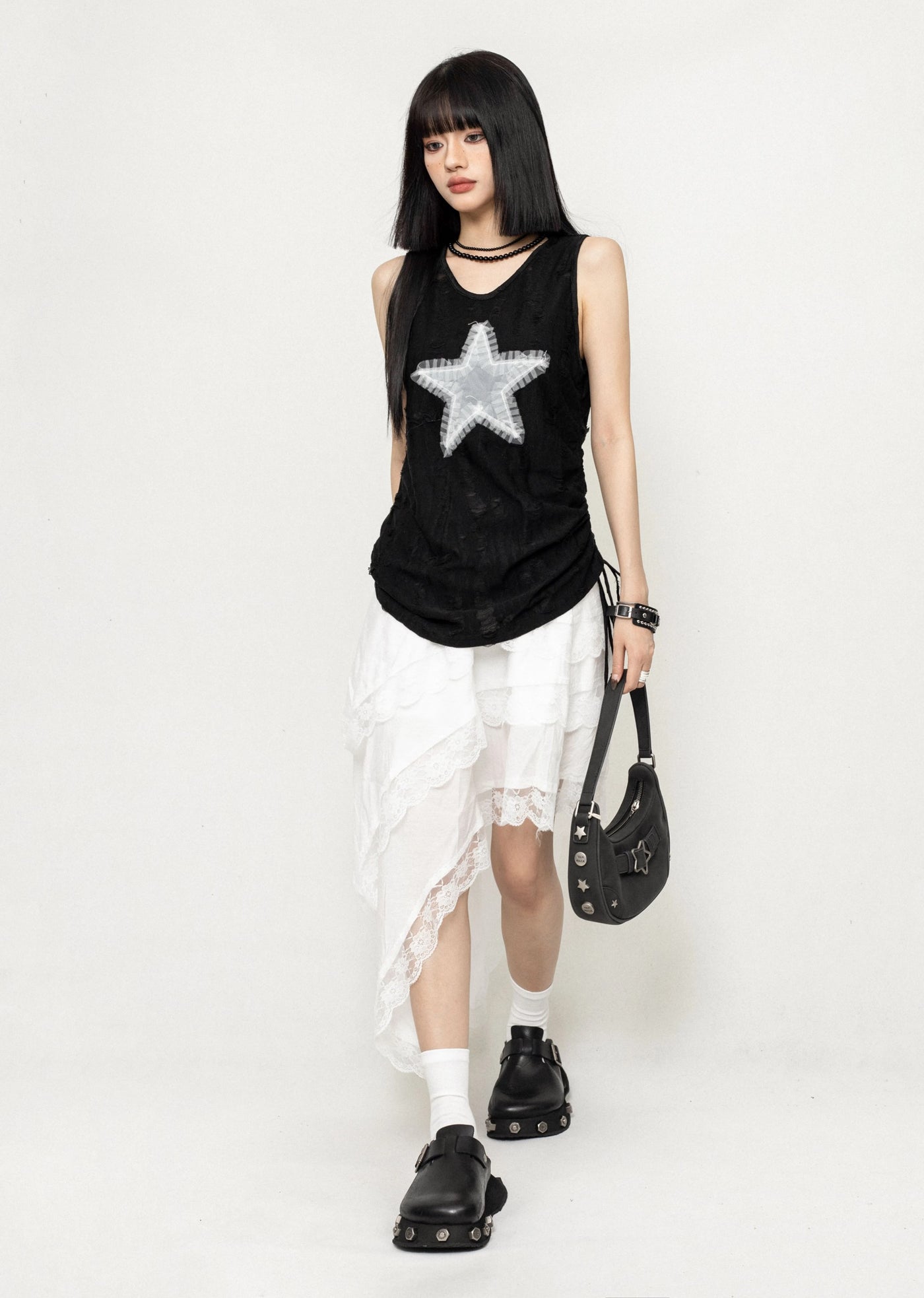 【ZERO STORE】Asymmetric silhouette design white collar skirt  ZS0027