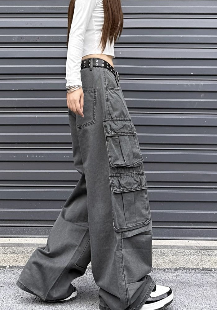 【W3】Double pocket wide silhouette base muted color cargo pants  WO0082