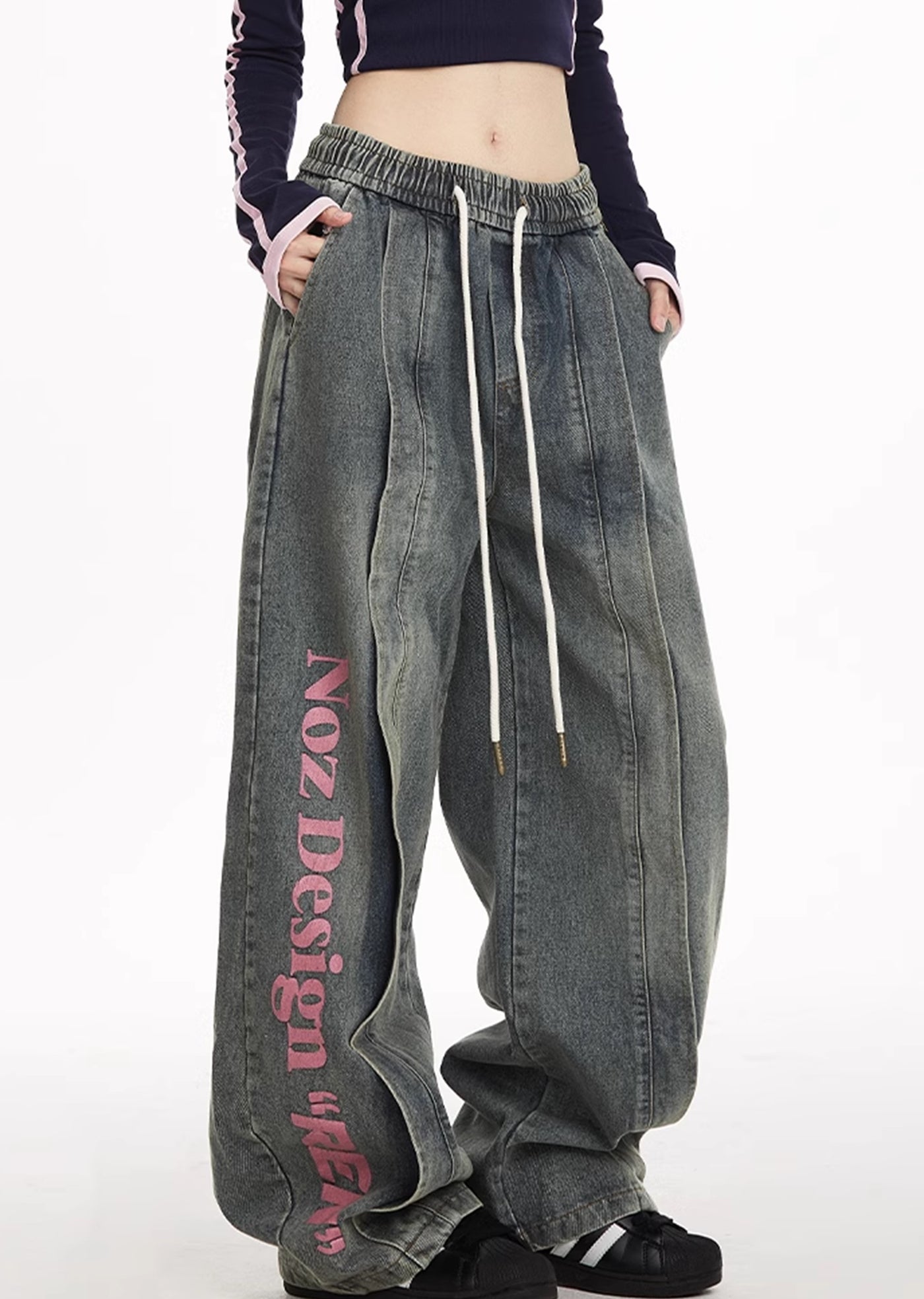 【NOONOZ】One-point pinky initial design wide blue denim pants  NN0002