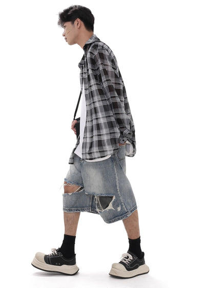 【GIBBYCNA】Double knee cut damaged design short silhouette denim pants  GC0013