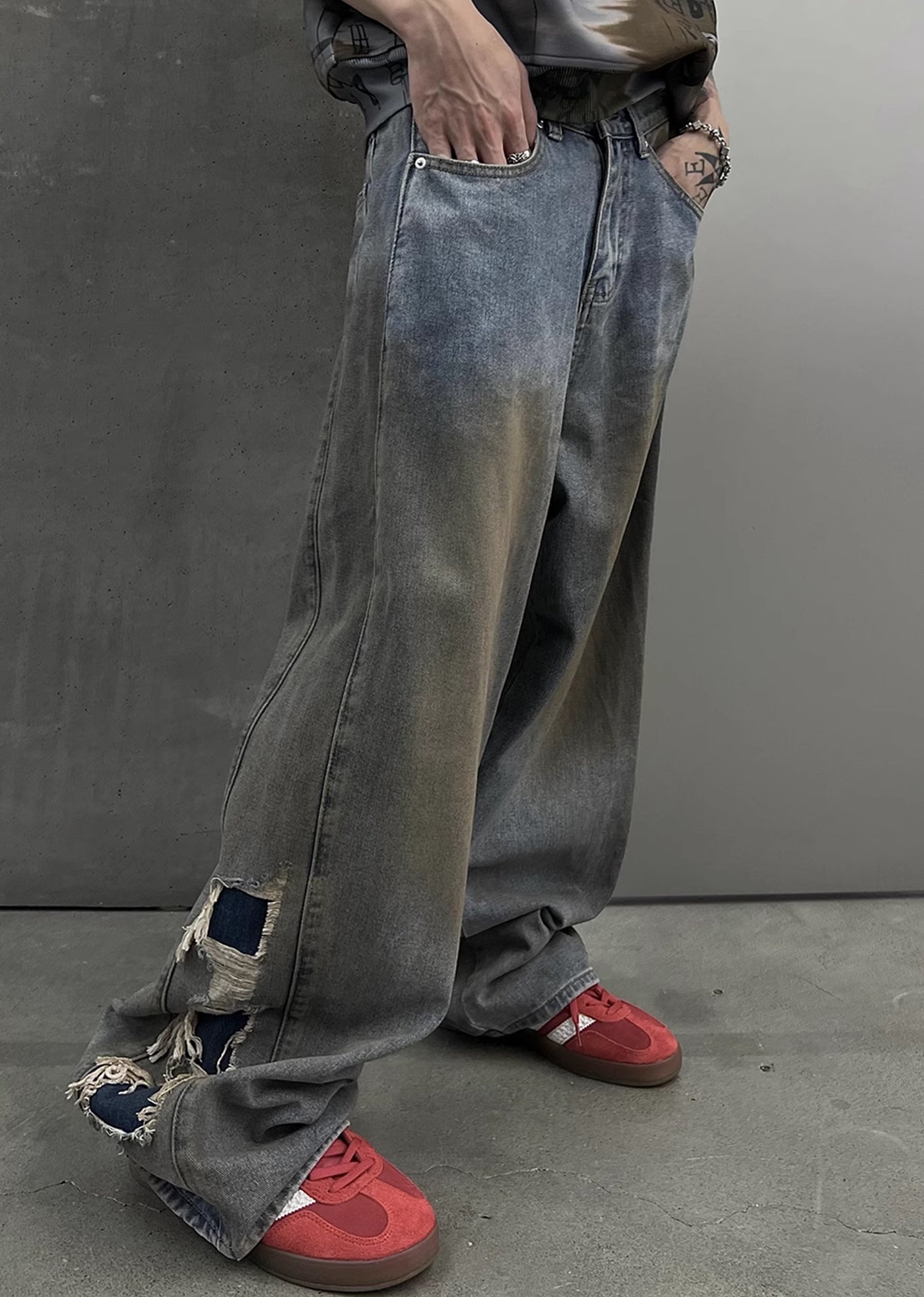 【SOULWORKER】Dull wash finish soil stain color wide denim pants  SW0023