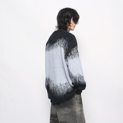 【Mz】Distorted Initial Front Design Blue Black Knit Sweater  MZ0042