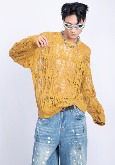 【PLAN1ONE】Mesh-like fully distressed accent fleur knit sweater  PL0044