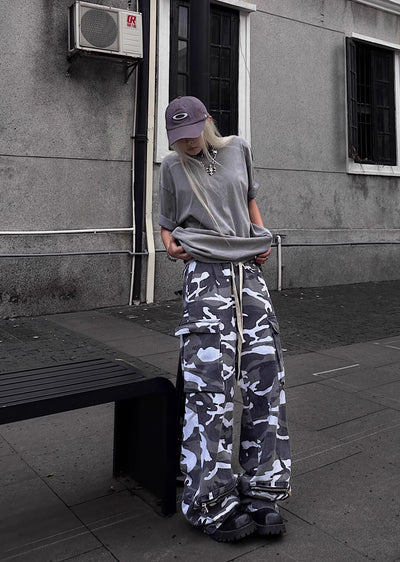 【TR BRUSHSHIFT】Random camouflage design wide silhouette cargo pants  TB0043