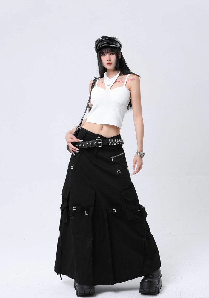 【ROY11】Wide over silhouette gimmick black skirt  RY0005