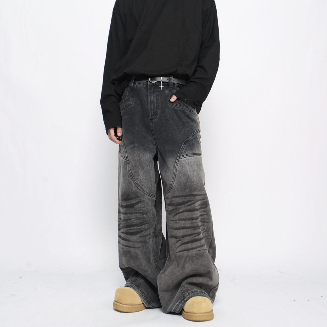 【Mz】Gradient gray black color wide straight denim pants  MZ0038