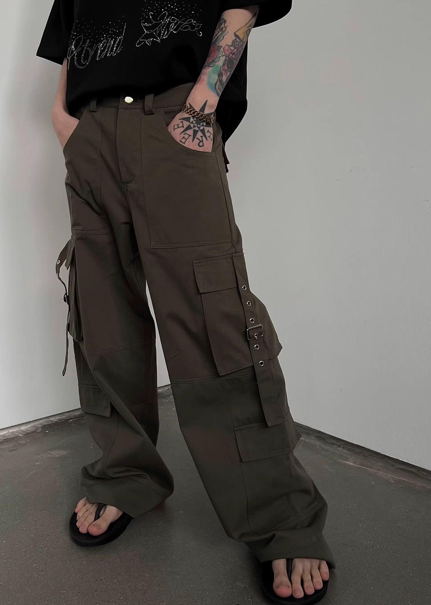 【SOULWORKER】Side suspender design wide style loose cargo pants  SW0029