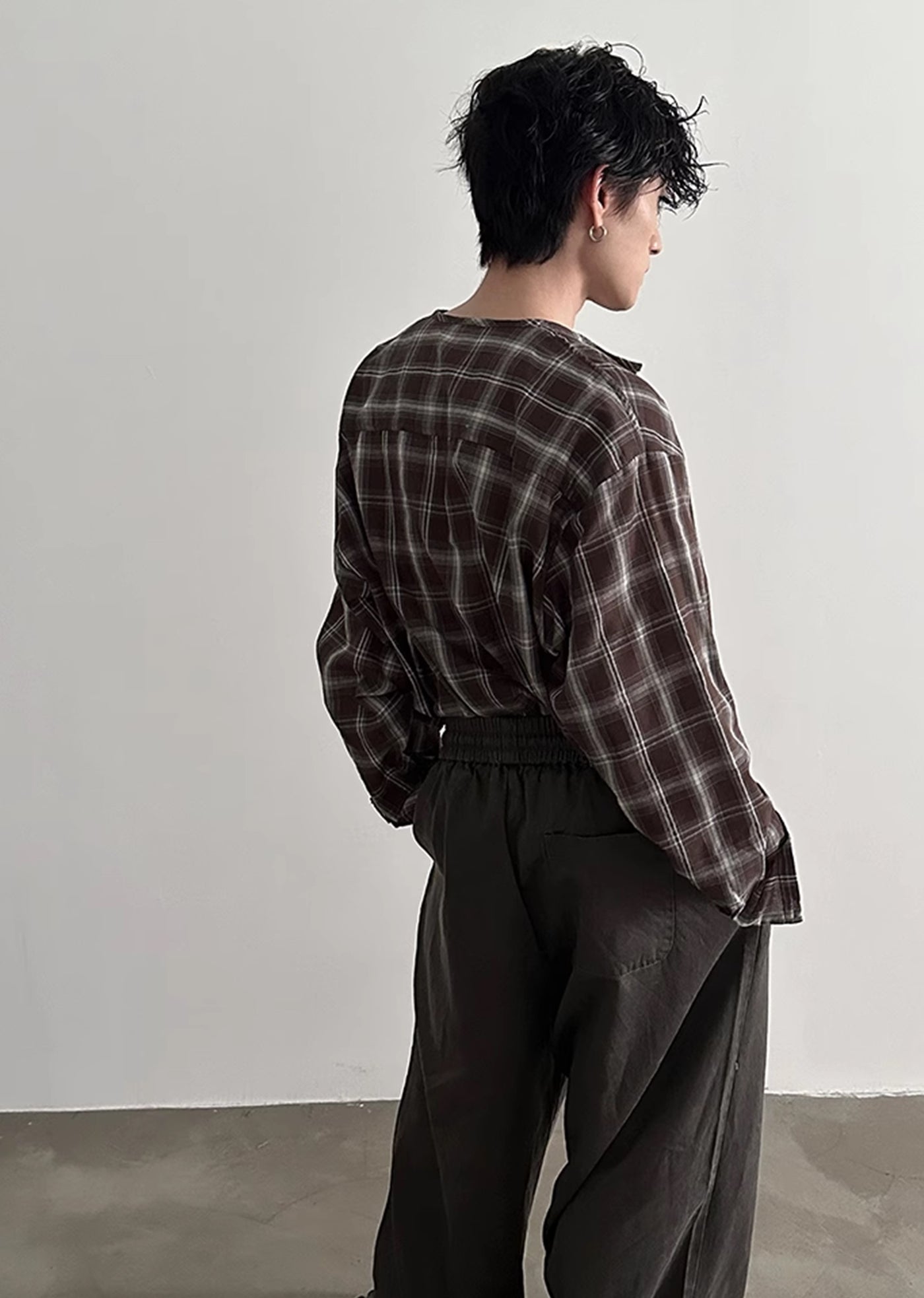 【Very Fewest】Natural U-neck design basic check long sleeve shirt  VF0032