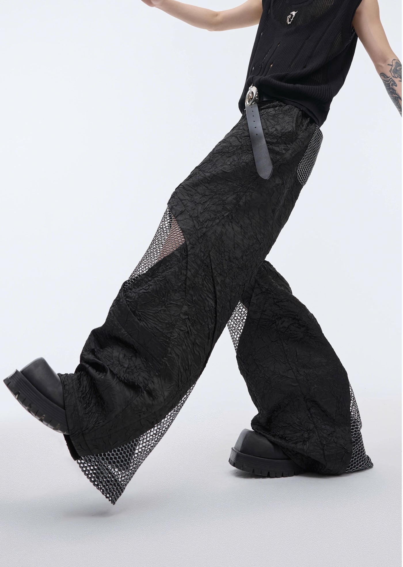 【Culture E】Knee-like mesh design cross wide pants  CE0118
