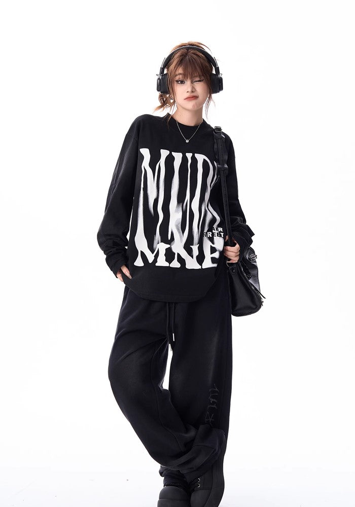 【H GANG X】Wave distortion initial design simple long sleeve T-shirt  HX0086