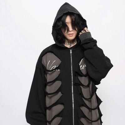 【Mz】Double layer bone-like gimmick design damage wide hoodie  MZ0037