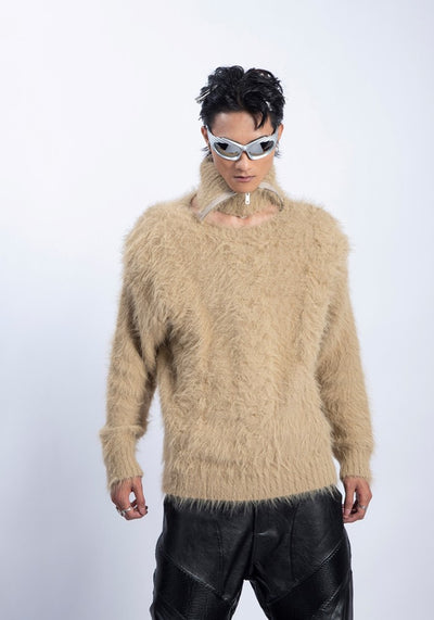 【PLAN1ONE】Mohair-like soft design dull color base knit sweater  PL0048