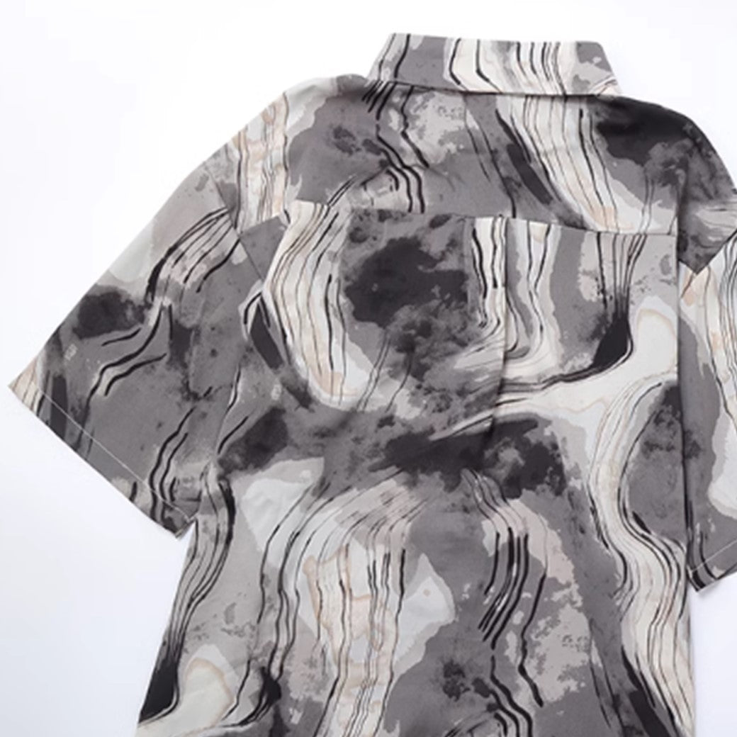 【ANAMONE】Marble design black vest set short sleeve shirt  AO0011