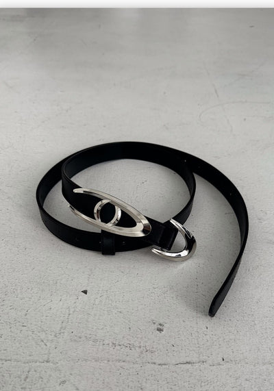 【MARTHENAUT】Silver glossy logo design gimmick leather-like belt  MH0057