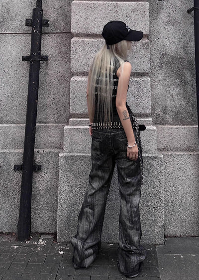 【TR BRUSHSHIFT】Wide silhouette dull black wash color denim pants  TB0044