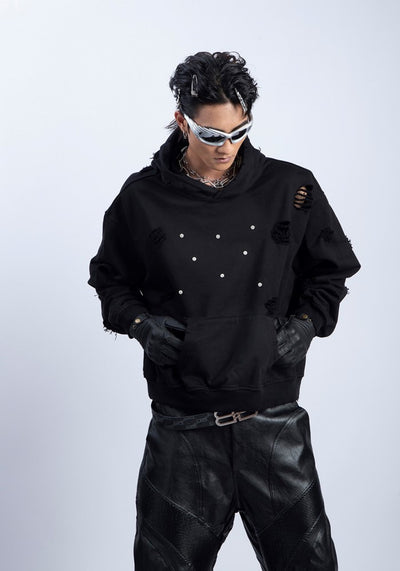 【PLAN1ONE】Front patch design mid-distressed hoodie  PL0041