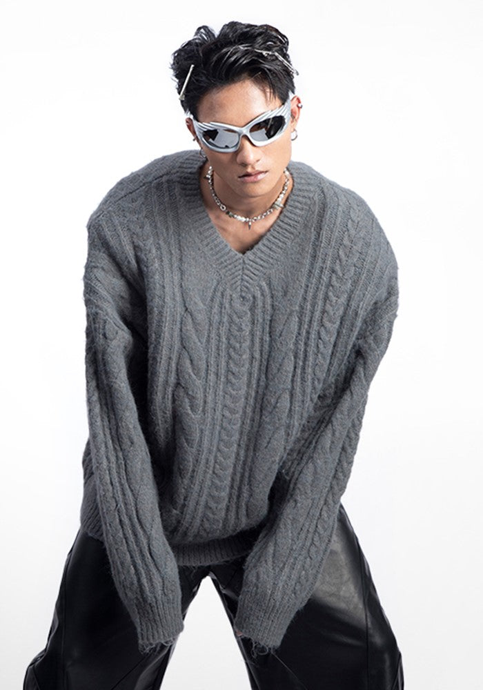 【PLAN1ONE】Simple baseline design V-neck silhouette knit sweater  PL0050