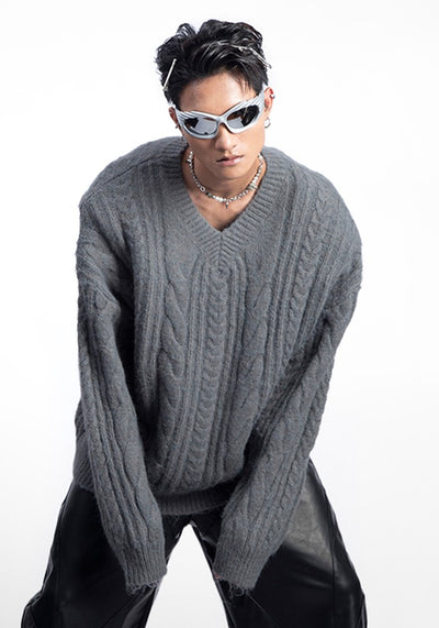 【PLAN1ONE】Simple baseline design V-neck silhouette knit sweater  PL0050