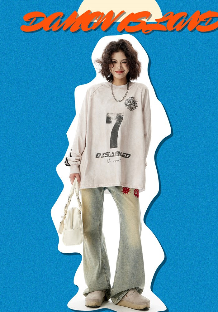 【H GANG X】Side line front number design loose long sleeve T-shirt  HX0101