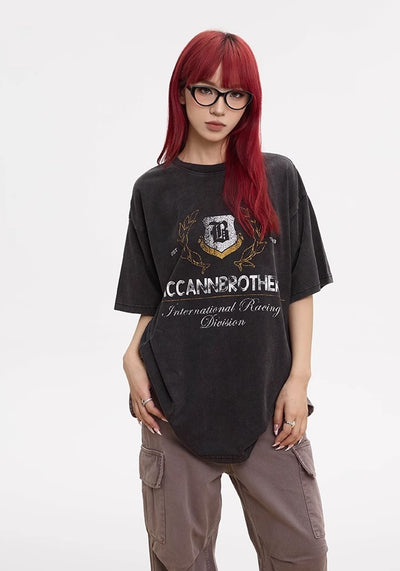 【Apocket】College logo design dull color grunge short sleeve T-shirt  AK0037