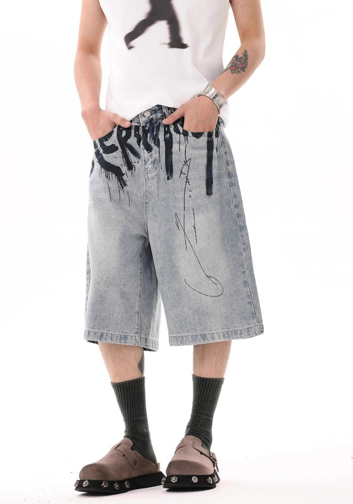 【BTSG】Blood initial design dull blue half denim pants  BS0025