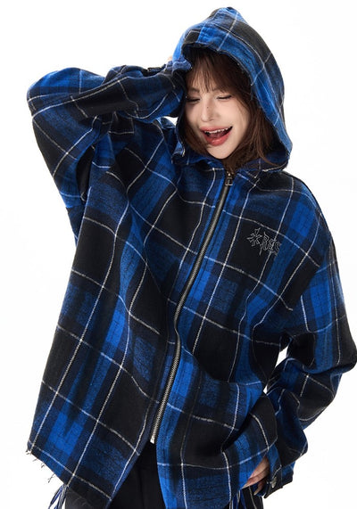 【H GANG X】Back print blue navy color check design full zip hoodie  HX0097