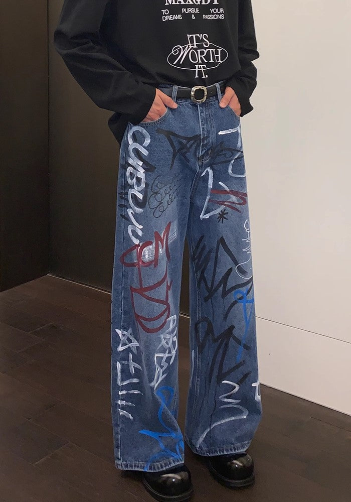 【CUIBUJU】Countless graffiti design casual street wide denim pants  CB0052